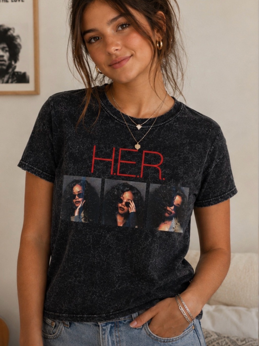 Black HER Graphic Short Sleeve Crewneck Tee